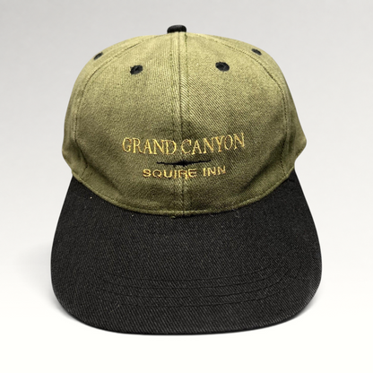 Raree Finds vintage olive green cotton strapback hat with black brim and Grand Canyon Squire Inn embroidery