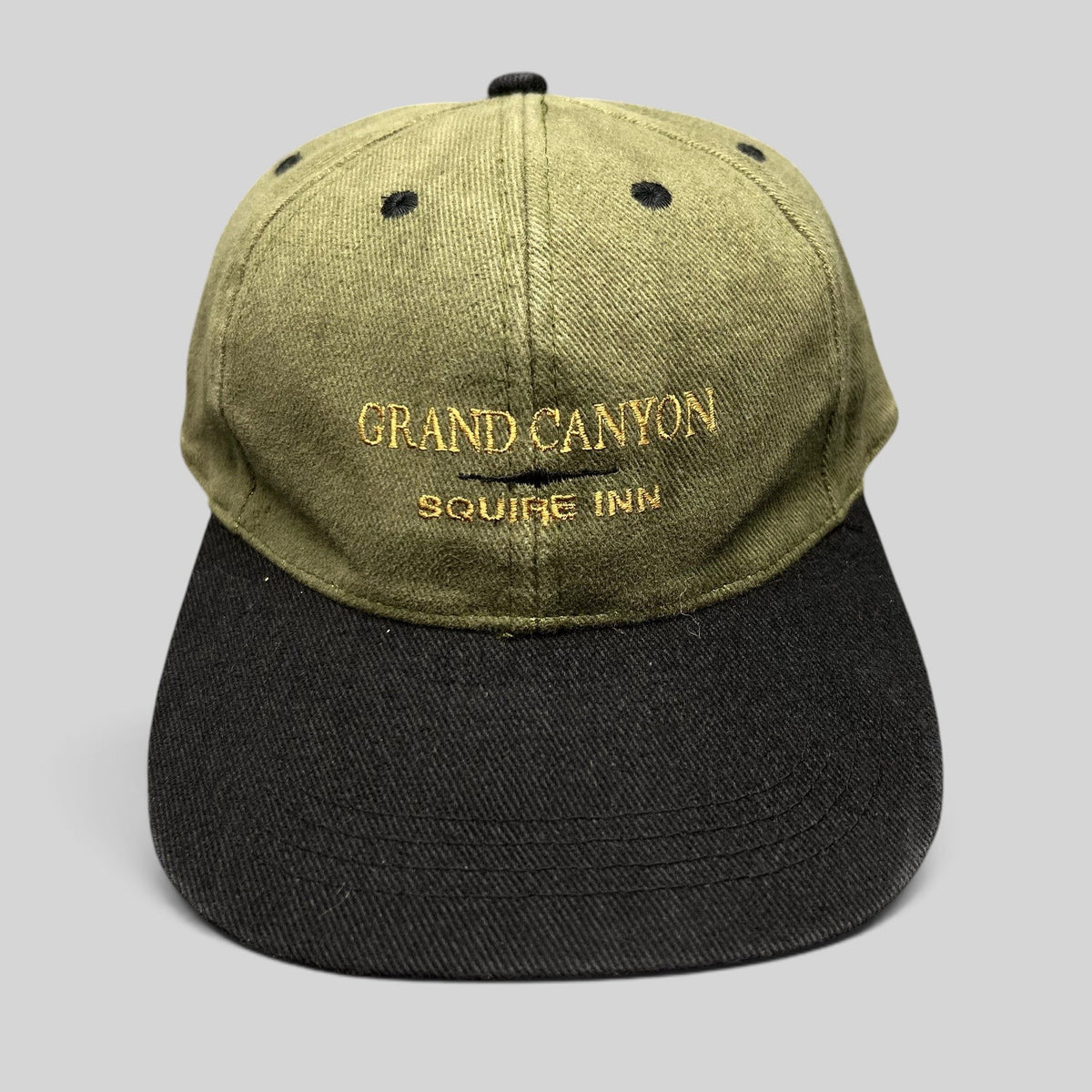 Raree Finds vintage olive green and black cotton strapback hat with Grand Canyon Squire Inn embroidered front text