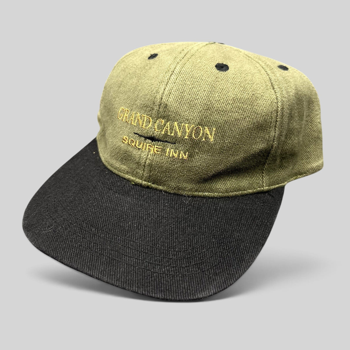 Raree Finds vintage olive green and black cotton strapback hat with Grand Canyon Squire Inn embroidered text