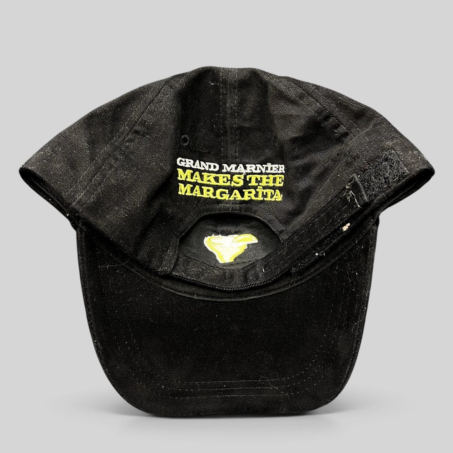Raree Finds vintage black cotton strapback hat with Grand Marnier Makes the Margarita embroidery on the back