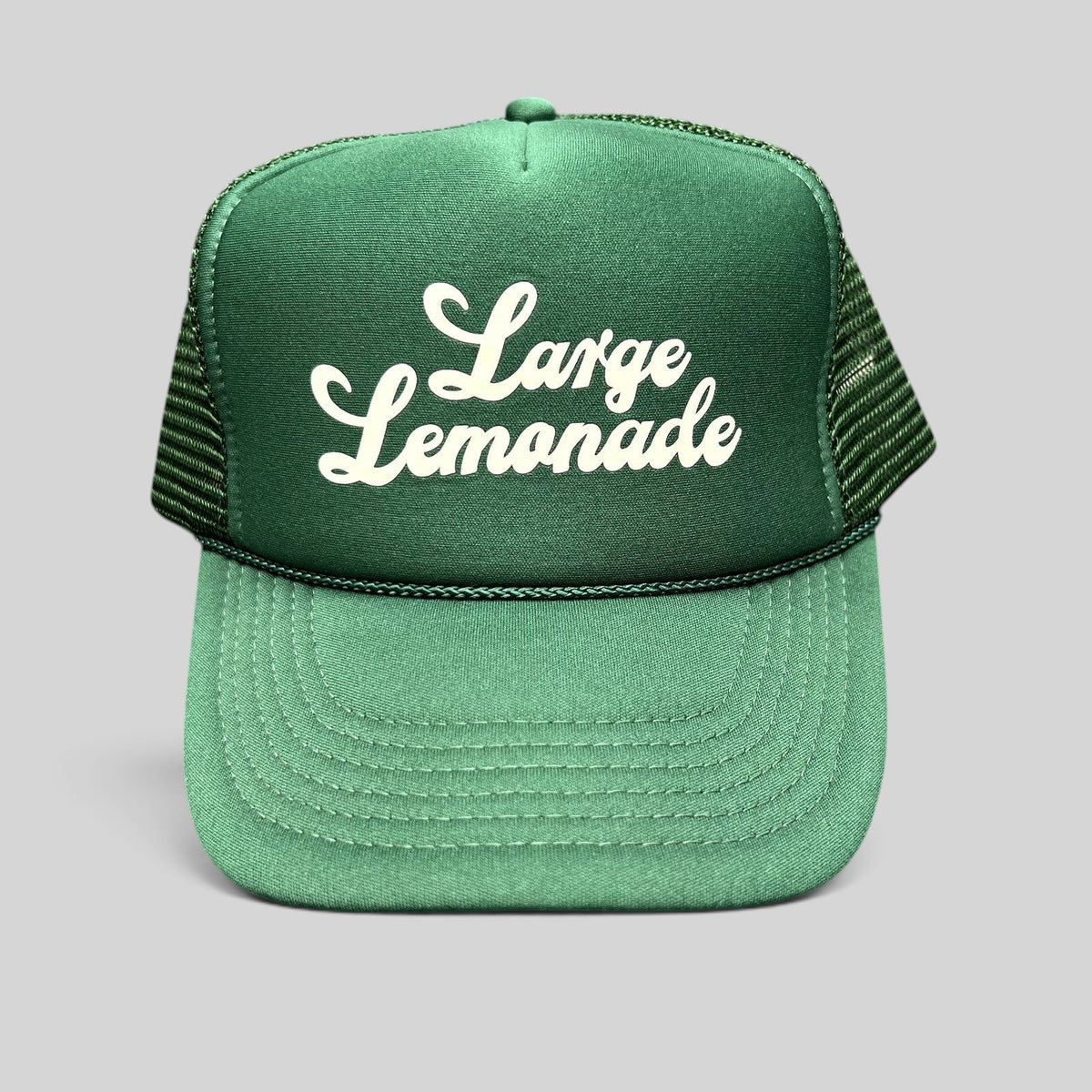 Raree Finds vintage green foam trucker hat with white Large Lemonade script logo, mesh back, and braided rope brim.