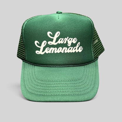 Raree Finds vintage green foam trucker hat with white Large Lemonade script logo, mesh back, and braided rope brim.