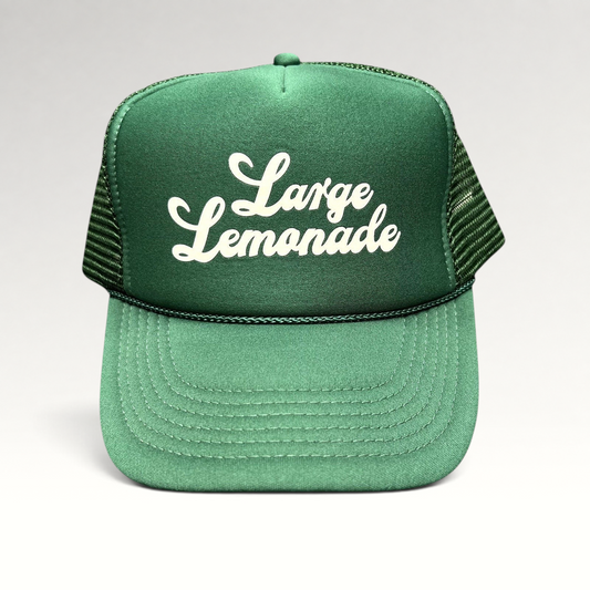 Raree Finds vintage green mesh trucker hat with white Large Lemonade script logo and braided rope detail