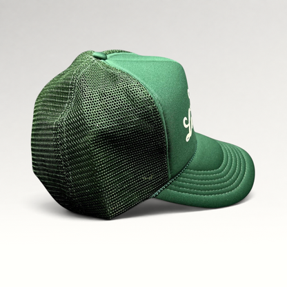 Raree Finds vintage green mesh trucker hat with foam front, white script logo, and braided rope detail on the brim.