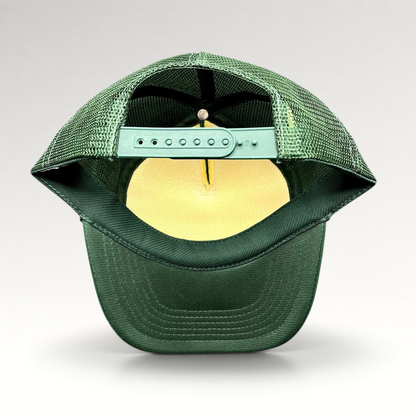 Raree Finds vintage green mesh trucker hat with adjustable snapback closure and foam interior detail
