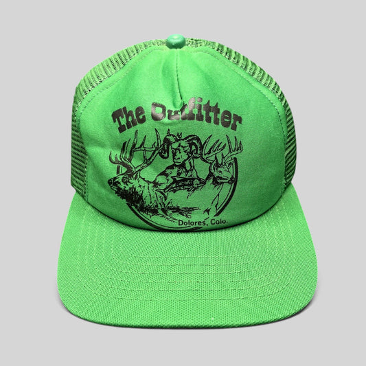 Raree Finds vintage 1980s green foam trucker hat with The Outfitter Dolores Colorado wildlife graphic and snapback