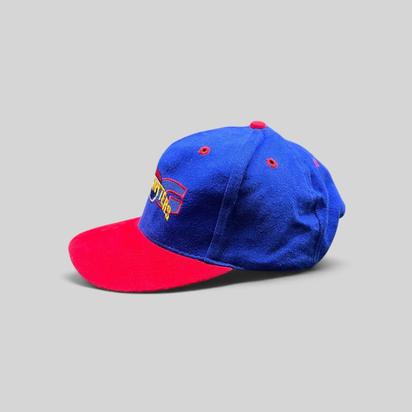 Raree Finds vintage 90s Harlem Globetrotters snapback hat with a blue crown, red brim, and embroidered team logo.