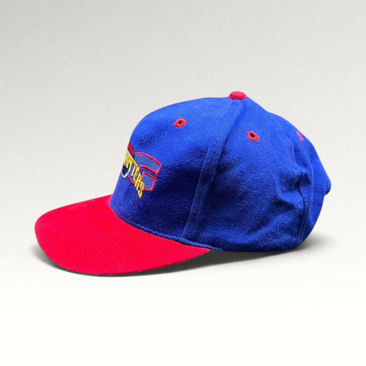 Raree Finds vintage 90s Harlem Globetrotters snapback hat with a blue crown, red brim, and embroidered team logo.
