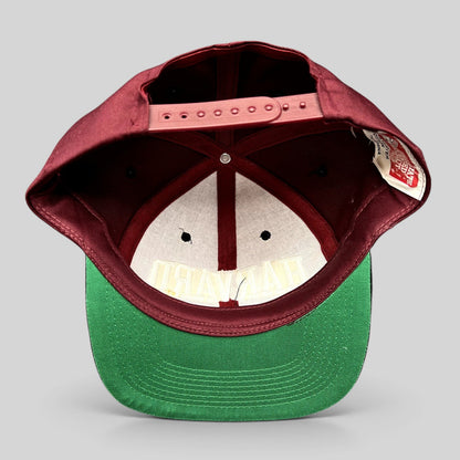 Raree Finds vintage Harvard University snapback hat with crimson crown, green undervisor, and adjustable snap closure.