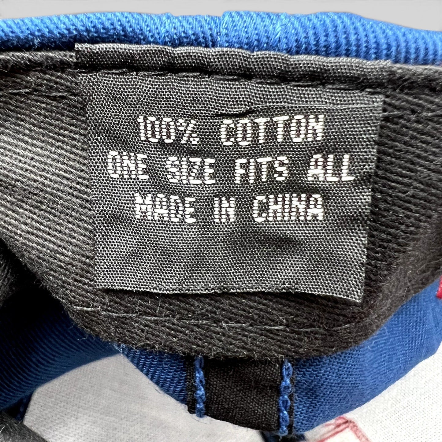 Raree Finds vintage Big Cap hat interior label showing 100% cotton material and one size fits all sizing