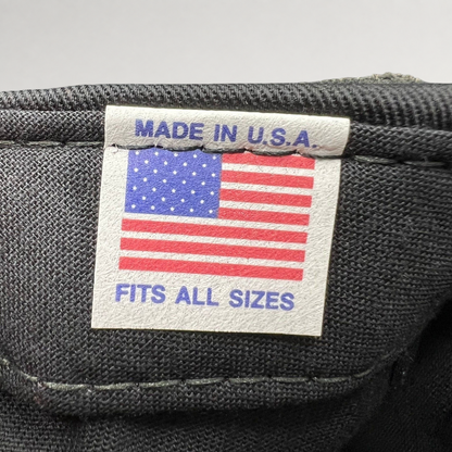 Raree Finds vintage hat interior tag featuring an American flag graphic with Made in U.S.A. and Fits All Sizes text.
