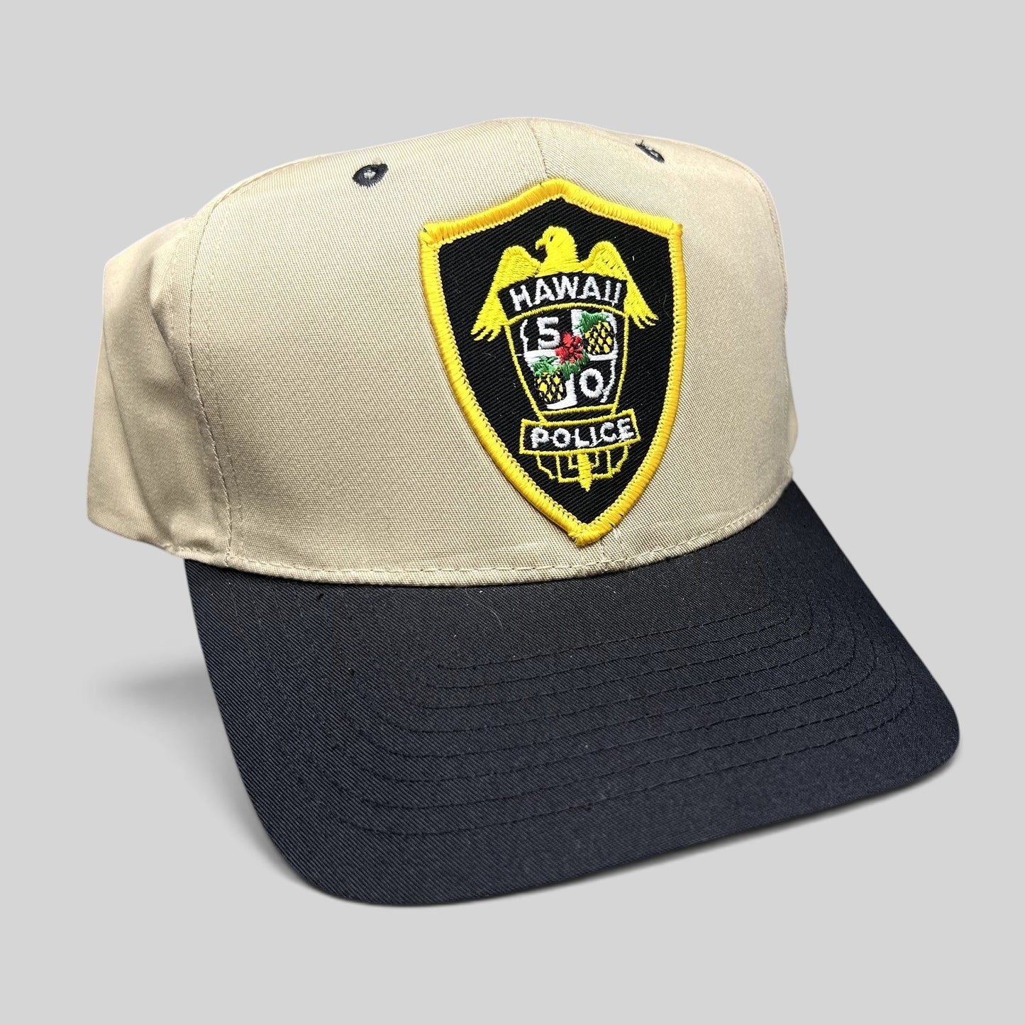 Raree Finds vintage Nissin Hawaii 5-0 Police snapback hat in khaki and black with embroidered badge logo.