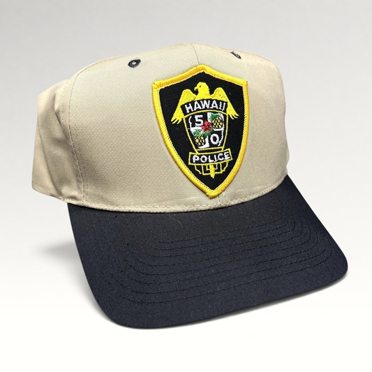 Raree Finds vintage Nissin Hawaii 5-0 Police snapback hat in khaki and black with embroidered badge logo.