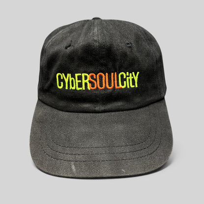 Raree Finds vintage black cotton strapback hat with neon green and orange CyberSoulCity embroidery
