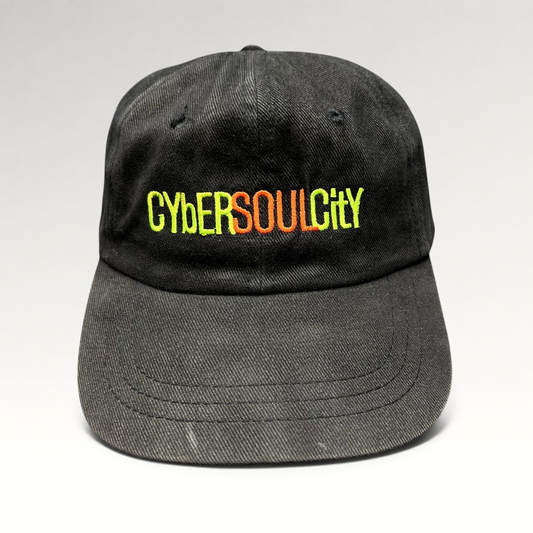 Raree Finds vintage black cotton strapback hat with neon green and orange CyberSoulCity embroidery