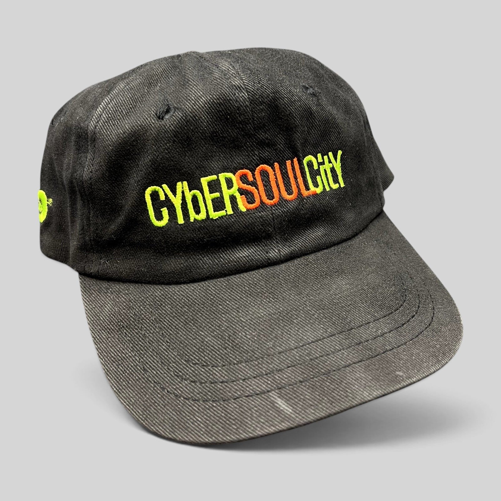 Raree Finds vintage black cotton strapback hat with neon green and orange CyberSoulCity embroidery