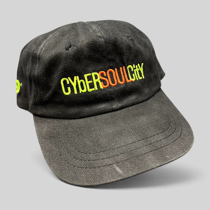 Raree Finds vintage black cotton strapback hat with neon green and orange CyberSoulCity embroidery