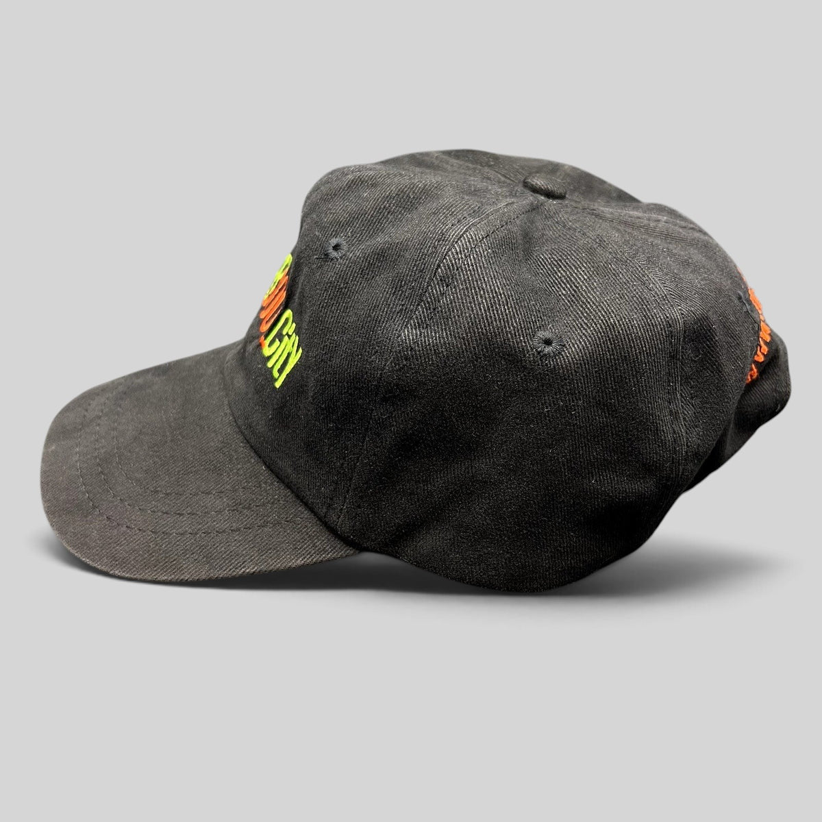 Raree Finds vintage black cotton strapback hat with neon green and orange HBO CyberSoulCity embroidery