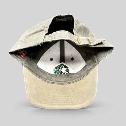 Raree Finds vintage Aspen Fall Face Off hockey strapback hat with olive gray crown, khaki brim, and brass buckle.