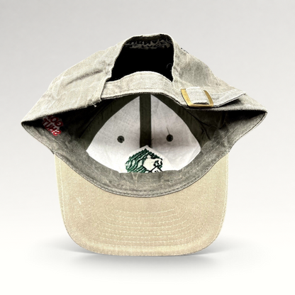 Raree Finds vintage Aspen Fall Face Off hockey strapback hat with olive gray crown, khaki brim, and brass buckle.