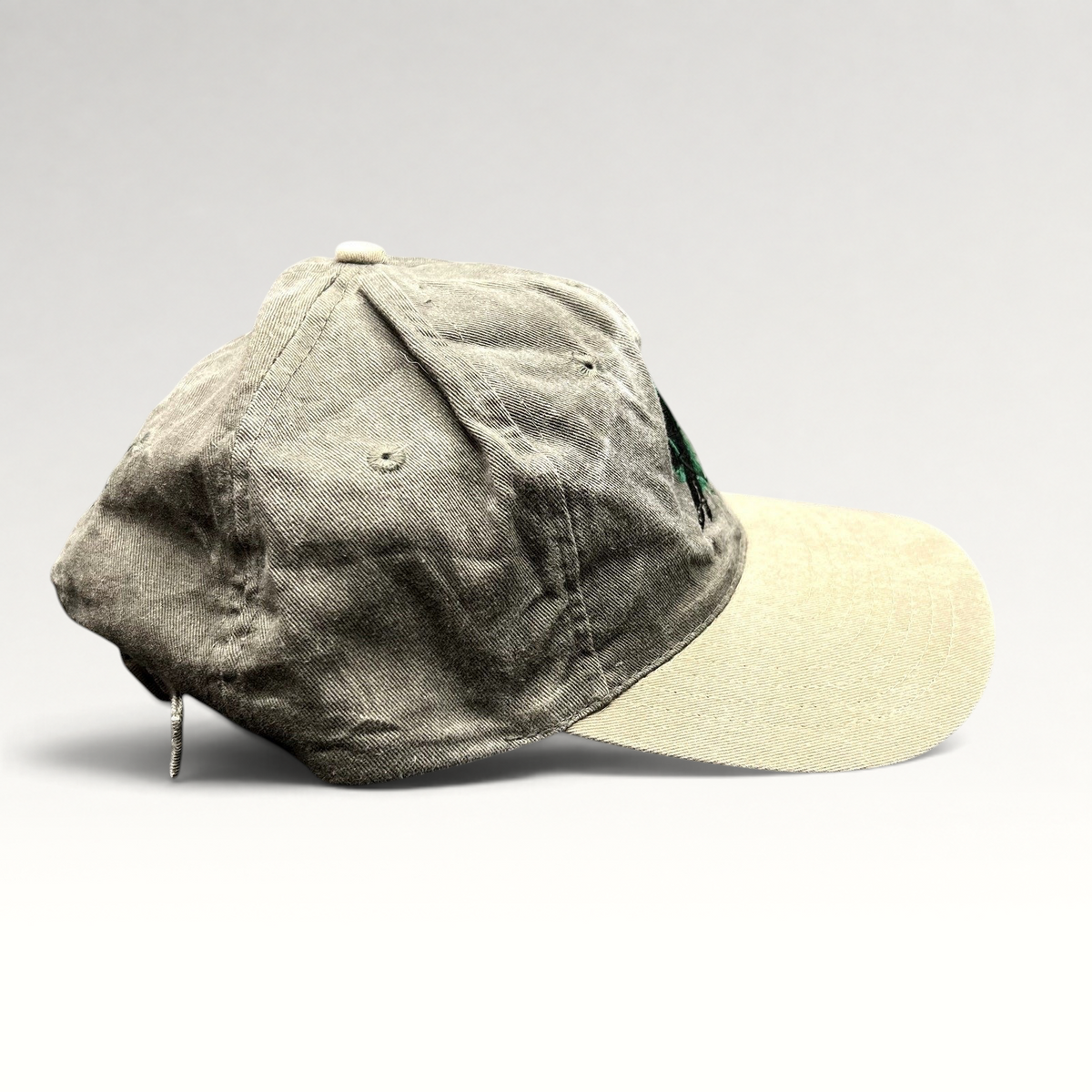 Raree Finds vintage Aspen Fall Face Off hockey strapback hat with olive gray crown and khaki brim