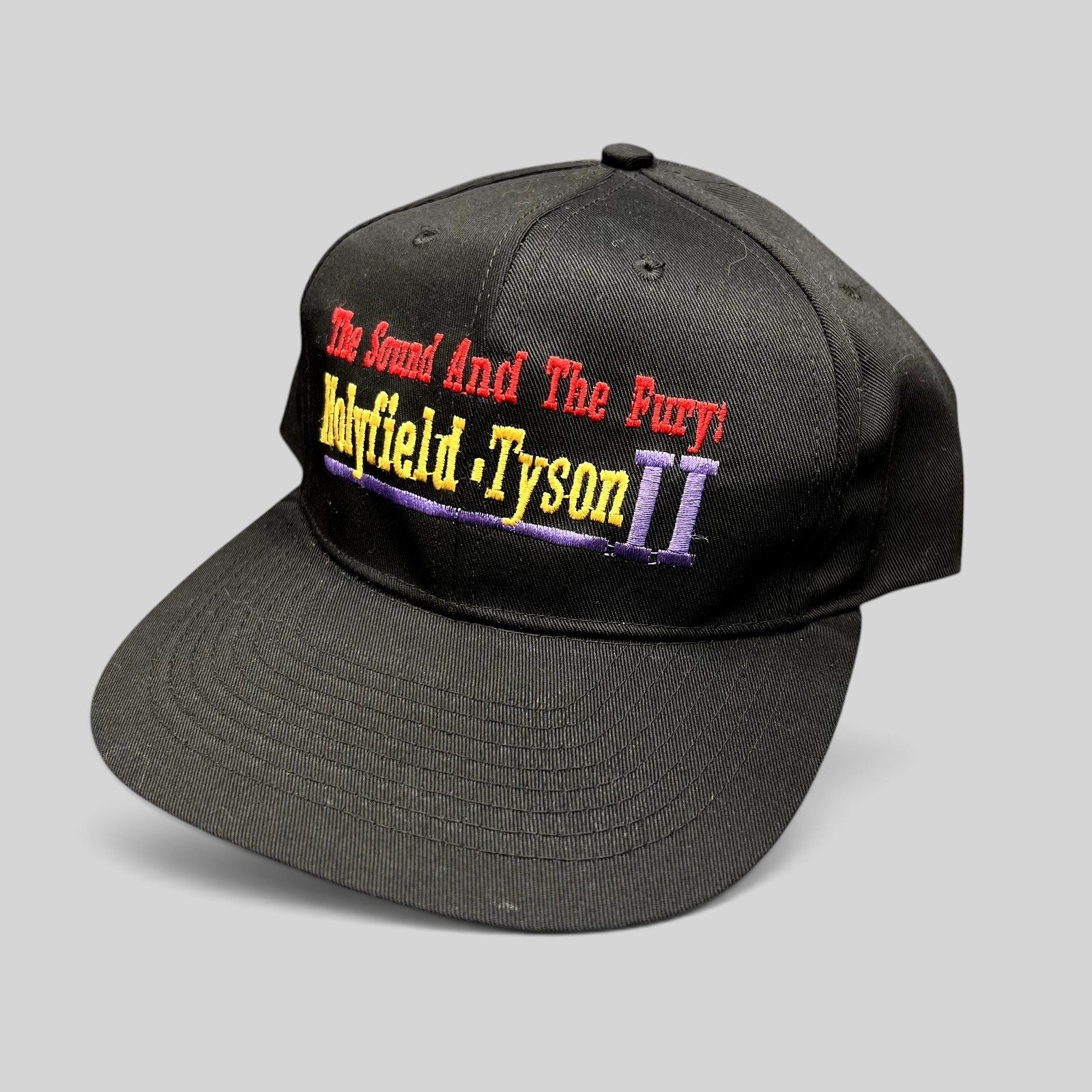 Raree Finds vintage 1997 Holyfield vs Tyson II boxing snapback hat with embroidered The Sound And The Fury slogan