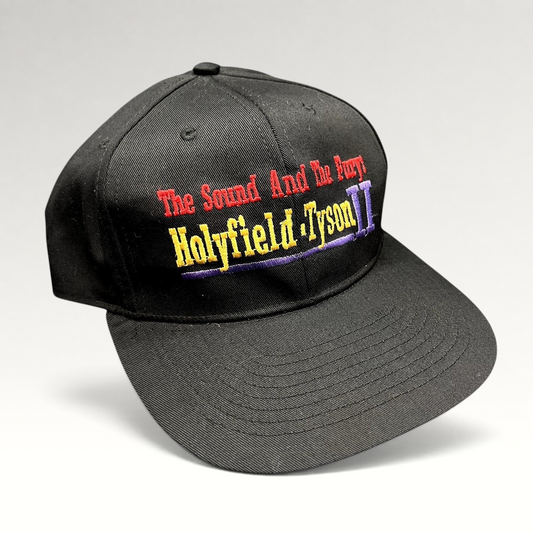 Raree Finds vintage 1997 Holyfield vs Tyson II boxing snapback hat with embroidered The Sound And The Fury slogan