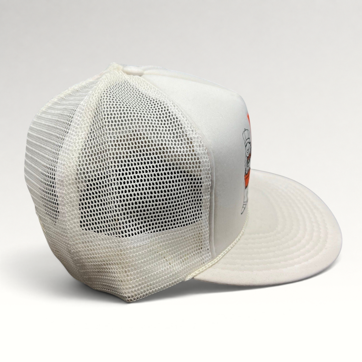 Raree Finds vintage 80s Home Depot trucker snapback hat with white mesh back, foam front, and orange logo patch