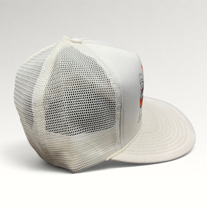 Raree Finds vintage 80s Home Depot trucker snapback hat with white mesh back, foam front, and orange logo patch