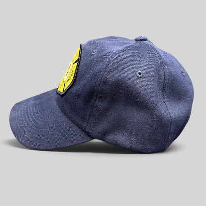 Raree Finds vintage navy blue Nissun strapback hat with an embroidered Honolulu Fire Department maltese cross patch.