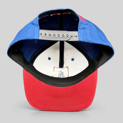 Raree Finds vintage 2000 Big Cap Santa Anita horse racing snapback hat with navy crown, red brim, and adjustable strap