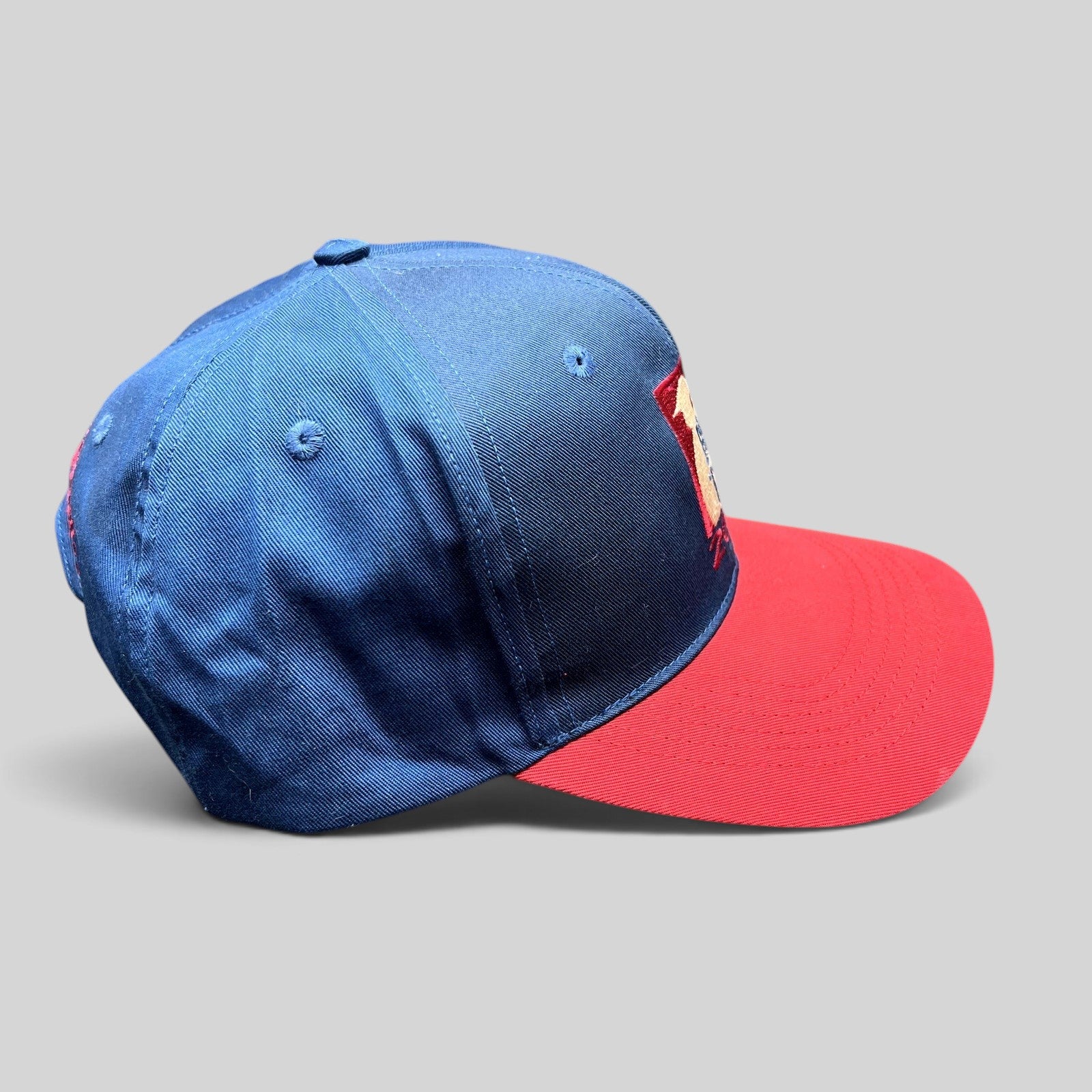 Raree Finds vintage 2000 Big Cap navy and red snapback hat with embroidered horse racing graphic and adjustable strap