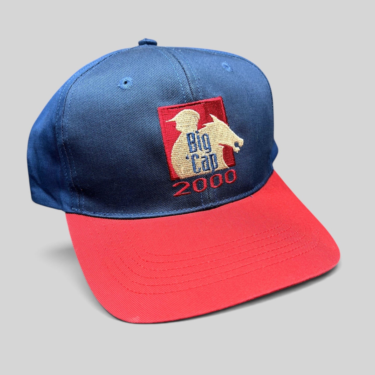 Raree Finds vintage Y2K Big Cap navy and red snapback hat with embroidered horse racing graphic and 2000 text