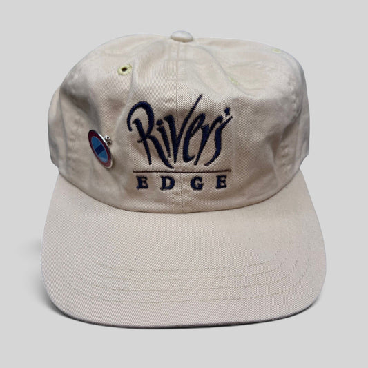 Raree Finds vintage Imperial cream golf strapback hat with Rivers Edge embroidered script logo and metal pin