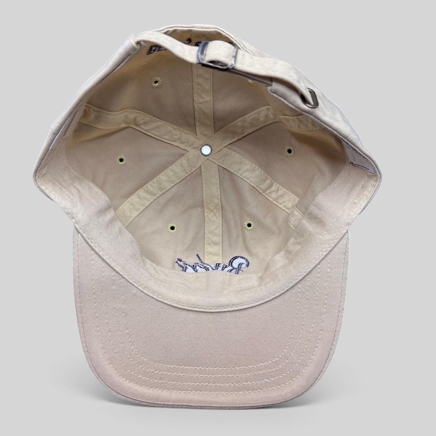 Raree Finds vintage Imperial Rivers Edge cream golf strapback hat, interior view showing construction and metal buckle