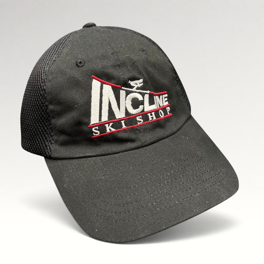 Raree Finds vintage black Incline Ski Shop trucker hat with embroidered skier logo and breathable mesh back
