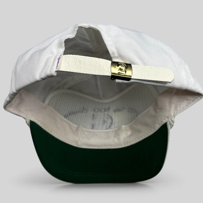 Raree Finds vintage 1987 Indy 500 Cummins Diesel hat showing the white leather strapback and brass clasp closure
