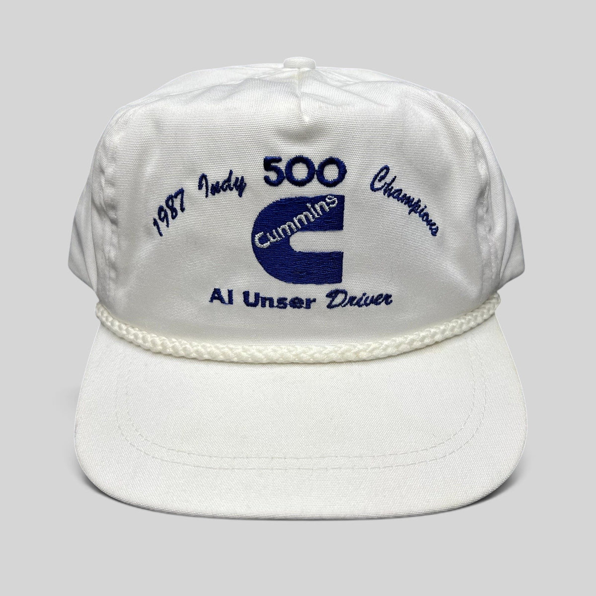 Raree Finds vintage 1987 Indy 500 Cummins Diesel white rope hat with blue embroidery and structured crown