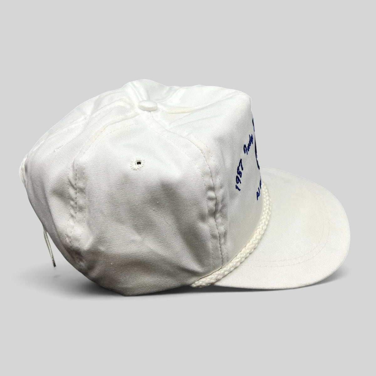 Raree Finds vintage 1987 Indy 500 Cummins Diesel white rope hat with blue embroidery and structured crown