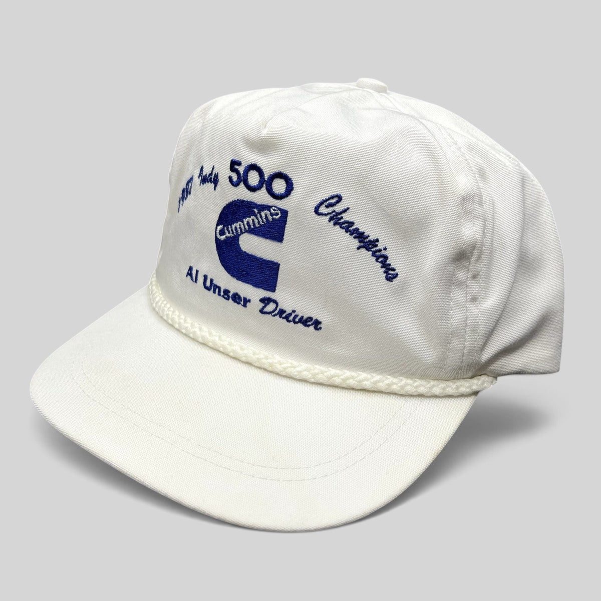 Raree Finds vintage 1987 Indy 500 Cummins Diesel white rope hat with blue embroidery and adjustable strapback closure.