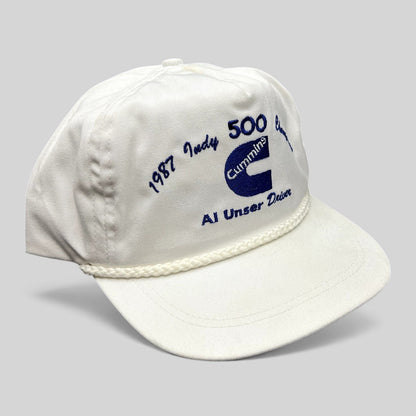 Raree Finds vintage 1987 Indy 500 Cummins Diesel white rope hat with blue embroidery and leather strapback closure.