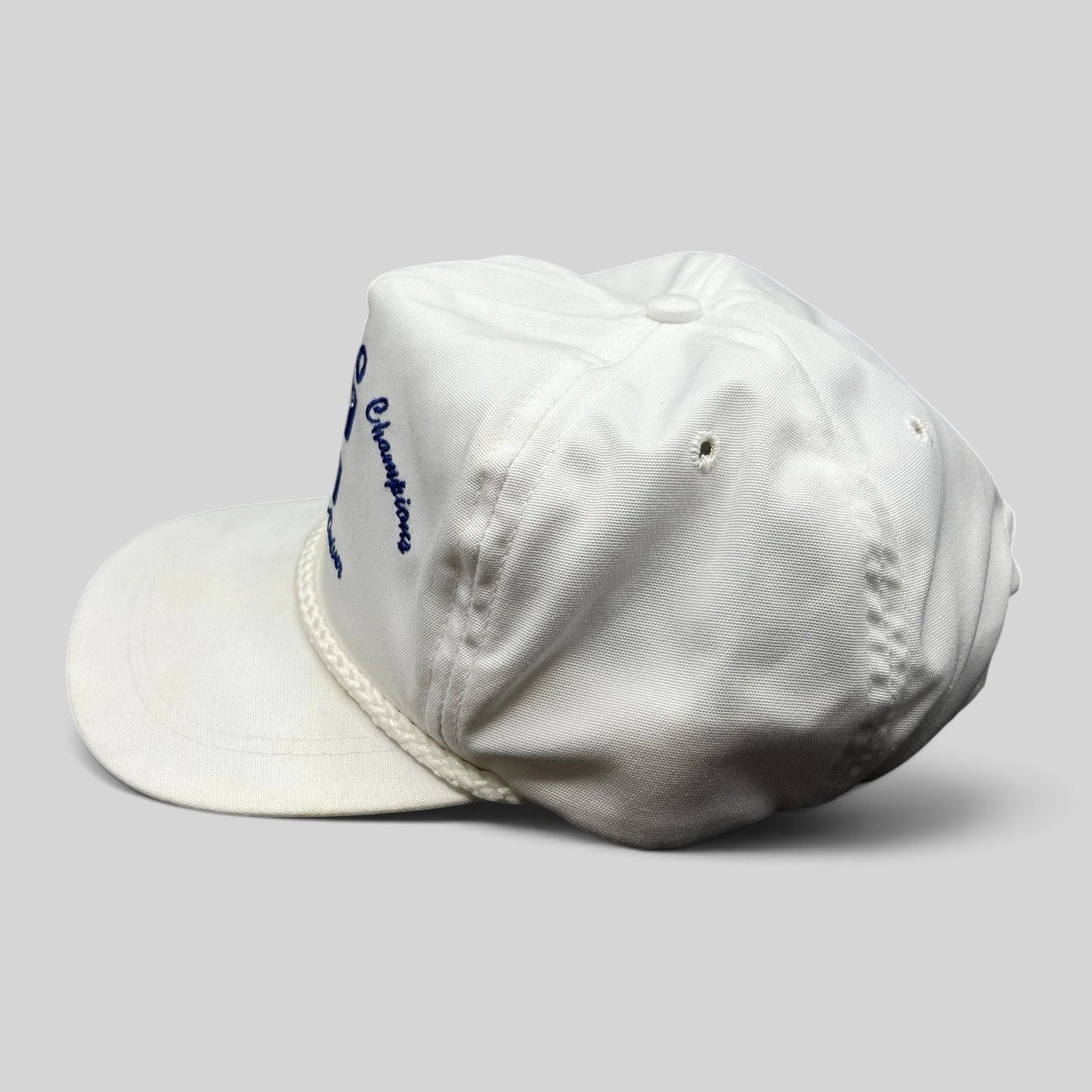 Raree Finds vintage 1987 Indy 500 Cummins Diesel white rope hat with blue embroidery and structured crown