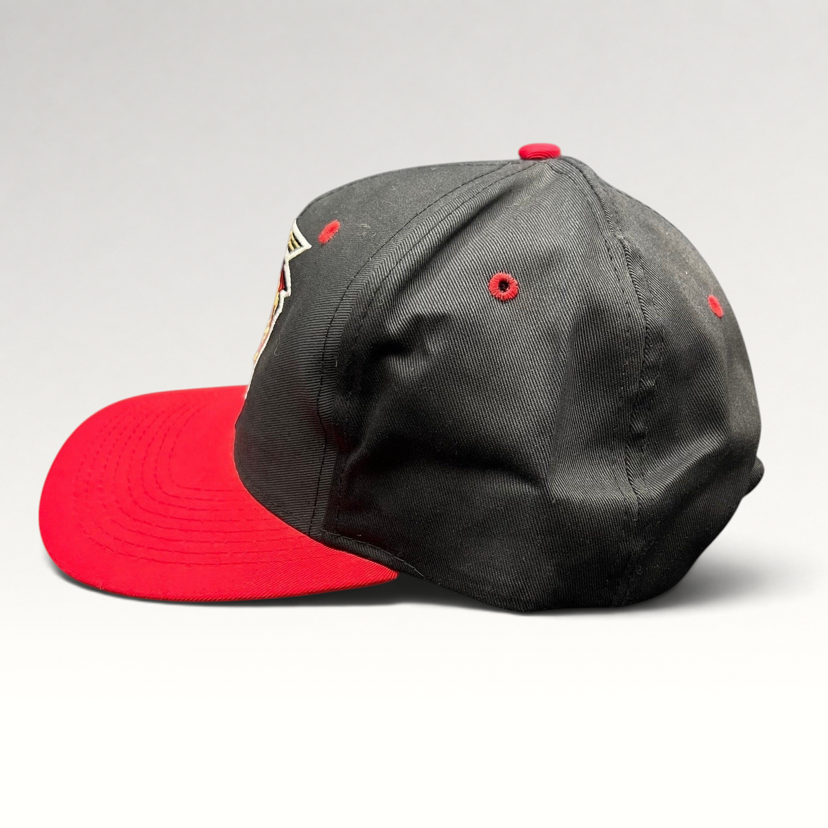 Raree Finds vintage 1997 Indianapolis 500 snapback hat with black crown, red brim, and embroidered race logo