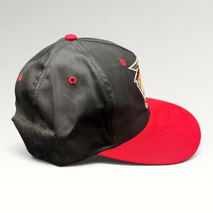 Raree Finds vintage 1997 Indianapolis 500 Logo 7 snapback hat with black crown, red brim, and embroidered logo.