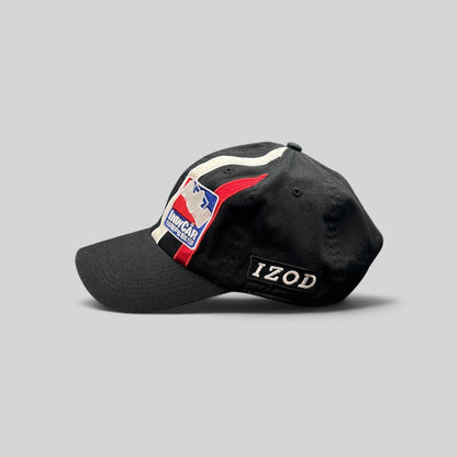 Raree Finds vintage black cotton IndyCar Series strapback hat with blue brim and embroidered racing logo side patch