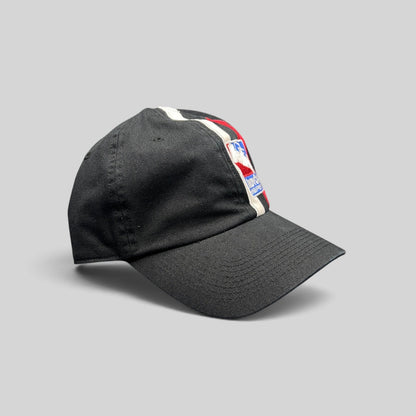 Raree Finds vintage IZOD IndyCar Series black cotton strapback cap with racing stripe embroidery and logo detail.