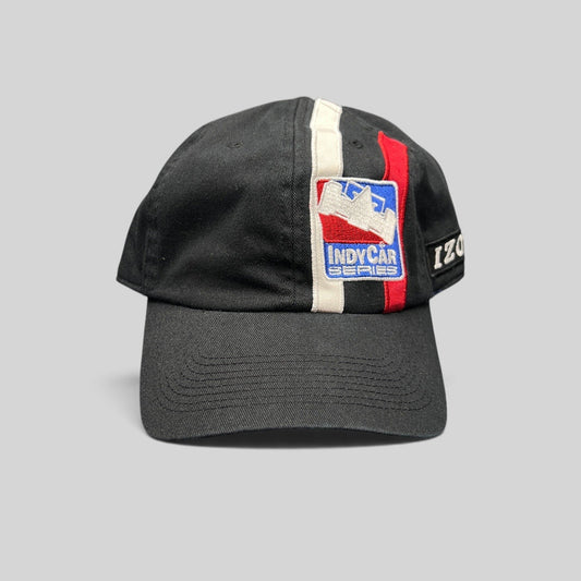 Raree Finds vintage IZOD IndyCar Series black cotton strapback racing cap with embroidered logo and racing stripes.