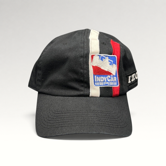 Raree Finds vintage IZOD IndyCar Series black cotton strapback racing cap with embroidered logo and racing stripes.