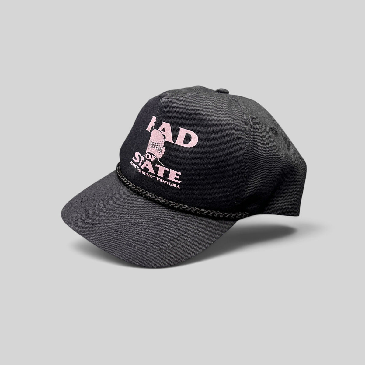 Raree Finds vintage black cotton twill snapback with pink Head of State Jesse Ventura graphic and black rope trim