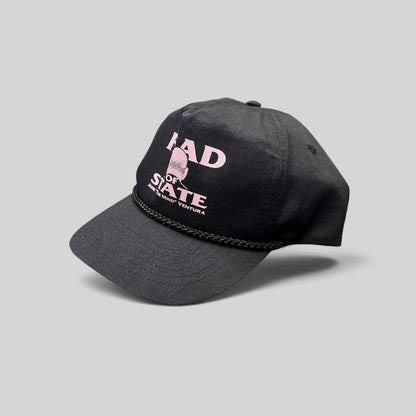 Raree Finds vintage black cotton twill snapback with pink Head of State Jesse Ventura graphic and black rope trim